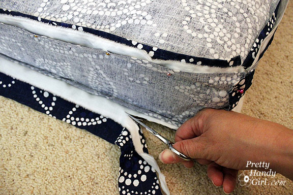 Sewing a Bench Cushion with Piping cut excess