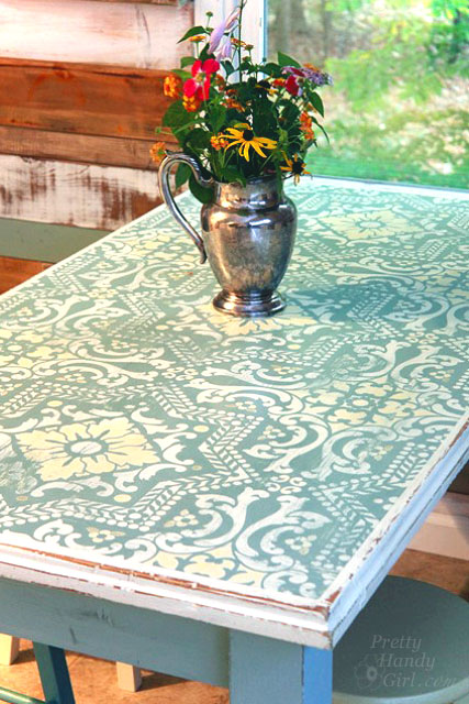 Chalk Painted Stenciled and Distressed Table from a dumpster