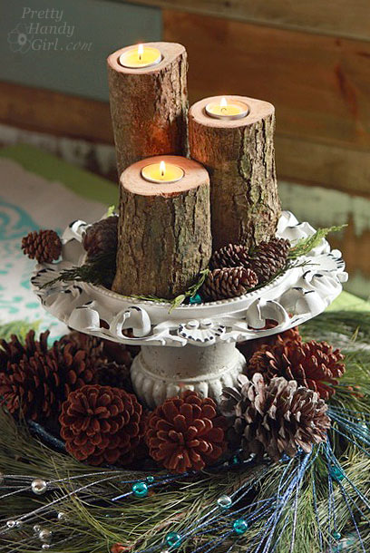 clever holiday decor - log pillar candles 