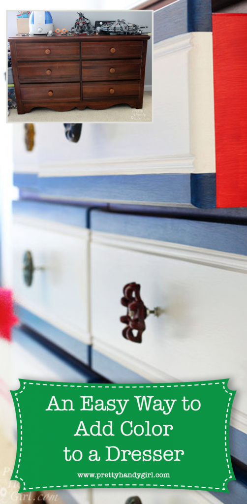 blue and white dresser with red sides