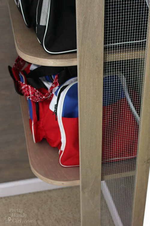 Sport Gear Storage Shelves in a Small Space | Pretty Handy Girl