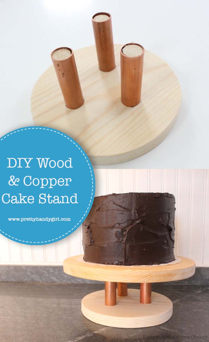This wood and copper cake stand from Pretty Handy Girl is a fairly simple project that can be tailored to fit your style with paint or stain! | DIY cake stand | DIY wood projects #prettyhandygirl #DIYcakestand #DIYwoodproject