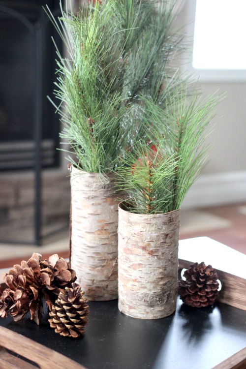 clever diy holiday decor ideas - rustic bark vases