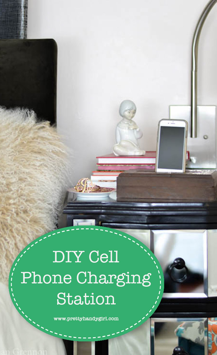 Follow along with this easy tutorial on how to make a simple DIY cell phone holder and charging station. | DIY cell phone charger | Pretty Handy Girl #prettyhandygirl #DIY #chargingstation #cellphonecharger
