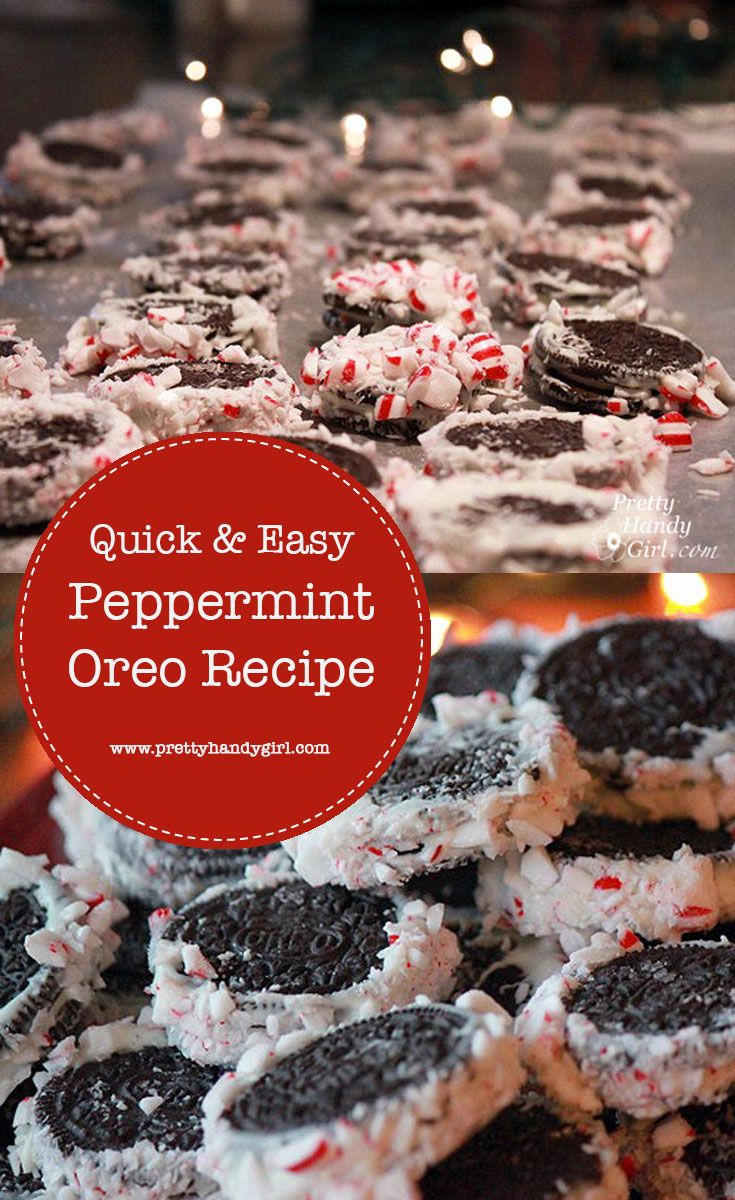 Want a quick and easy holiday recipe you can make with the kids? When you don't have time to bake, but you still want to give a homemade holiday treat, try this recipe for Peppermint Oreos! | Pretty Handy Girl #prettyhandygirl #oreorecipe #holidayrecipe 