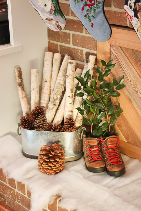 clever holiday decor - birch log and pinecones
