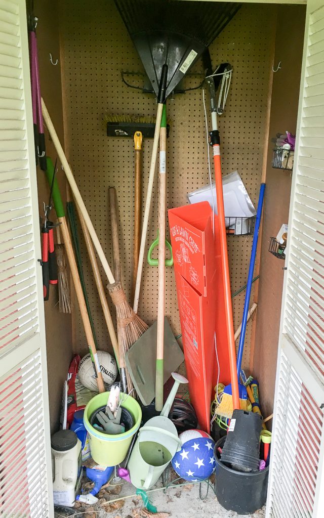 Our garden tool shed was a disaster! But with my new hanging garden tool organizer, small tools each have their own space.