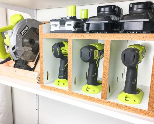 This cordless drill storage, together with the circular saw stand, make it easy to find the tools I need.