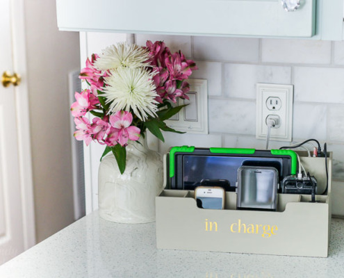 plugged in devices in desktop organizer charging station