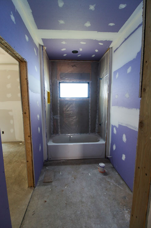 purple drywall in the shared bathroom