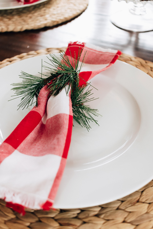 Red Napkins with DIY Napkin Rings made from garland