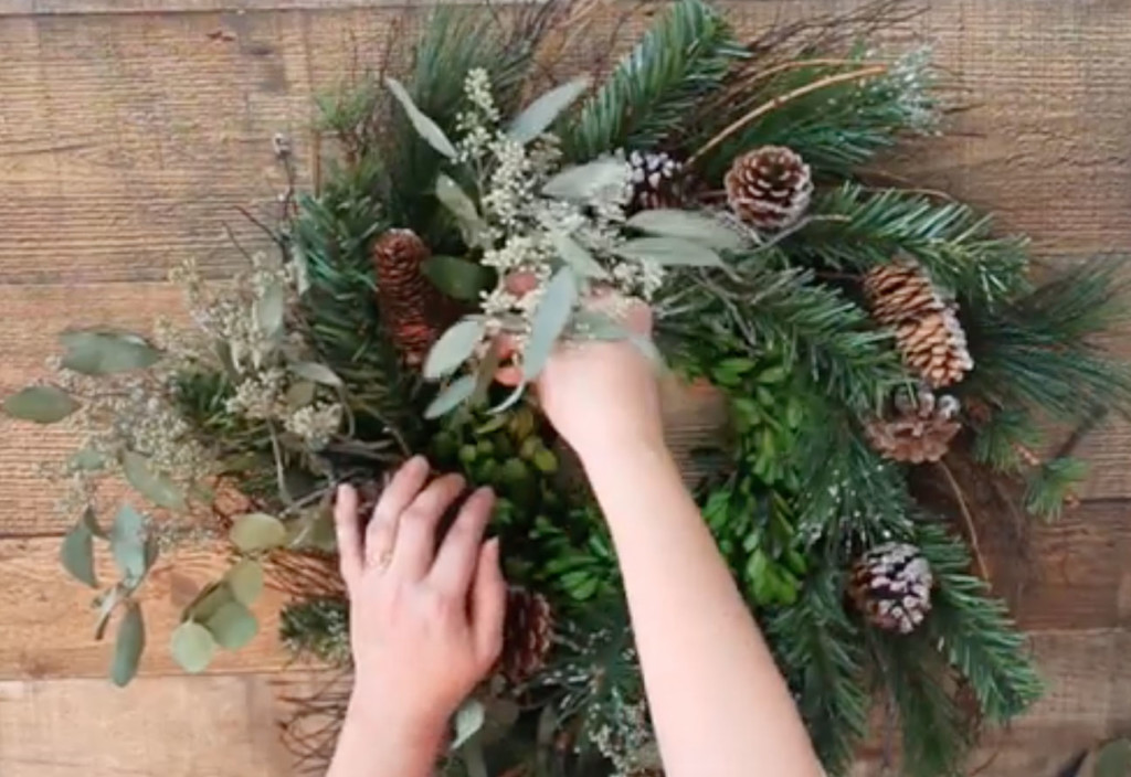 add eucalyptus leaves to wreath