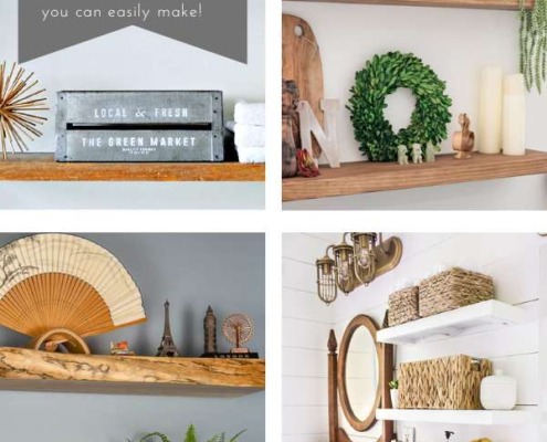pin collage with text overlay floating shelves