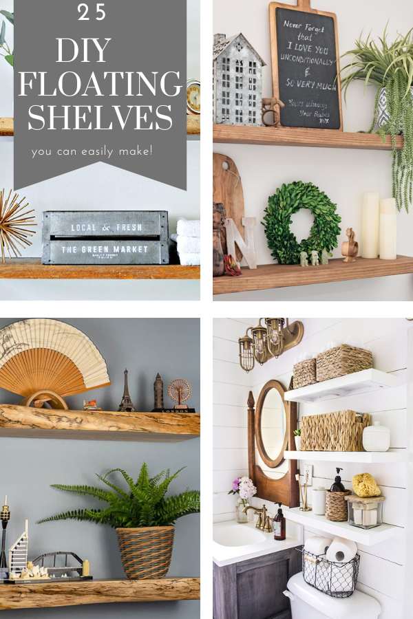 pin collage with text overlay floating shelves