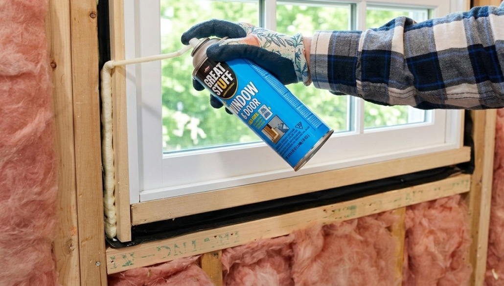 adding spray foam insulation around window frame